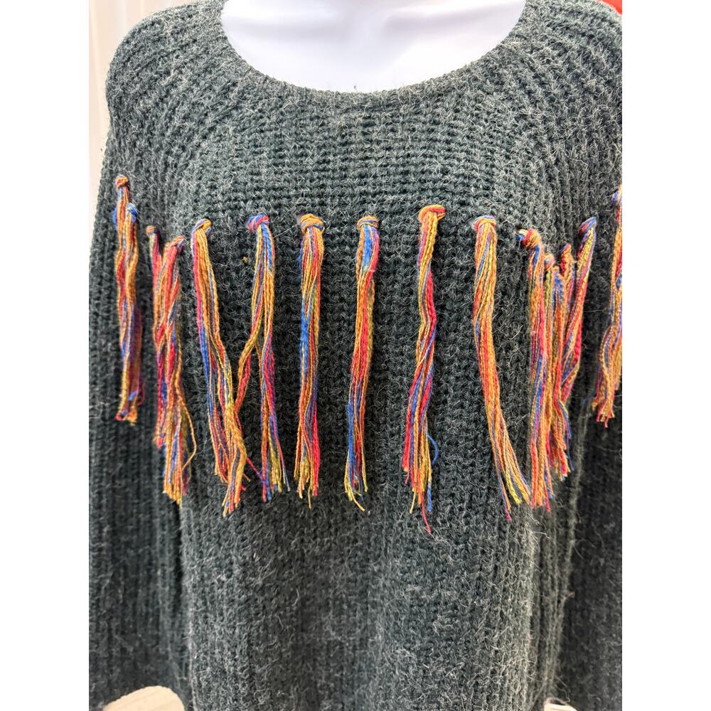 Idol Mind Gray Colorful Fringe Long Sleeve Aztek Western Boho Sweater Womens M - Picture 3 of 5